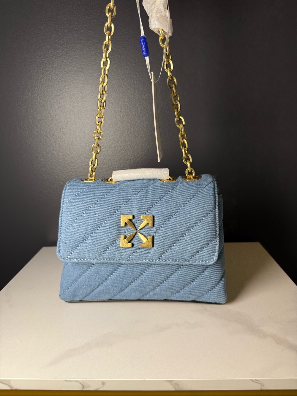 Off-White Light Blue Quilted Chain Shoulder Bag with Gold Hardware - Picture 2 of 3